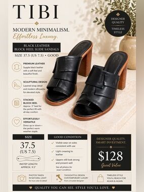 Tibi Black Leather Block Heel Slide Sandals Size 37.5 (US 7.5)